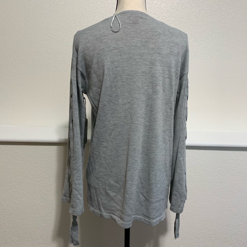 Vince Camuto Lace Up Bell Sleeve Gray Sweater - Picture 5 of 6